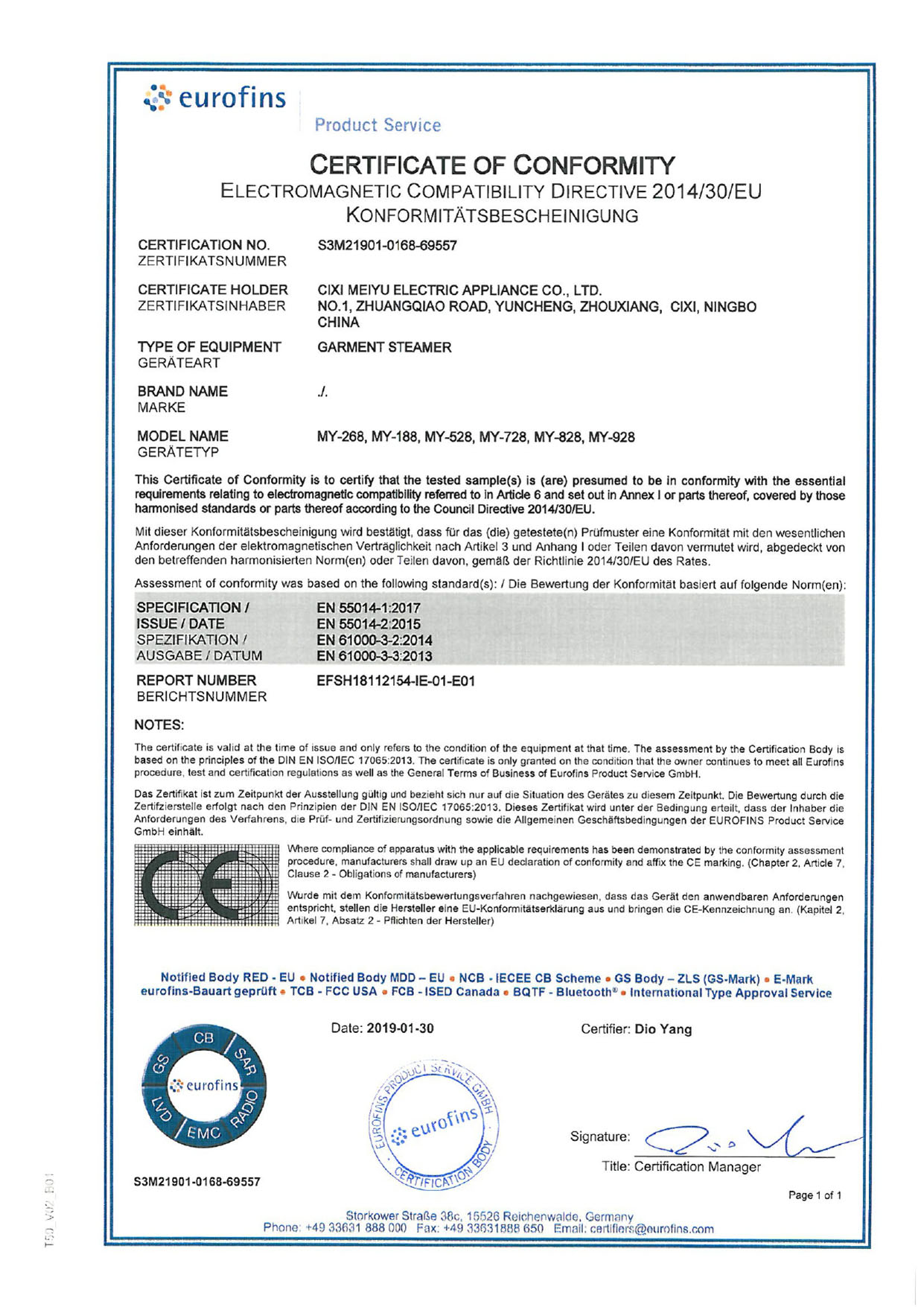 EMC-certificaat S3M21901-0168-69557_EMC CoC EMC-certificaat S3M21901-0168-69557_EMC CoC